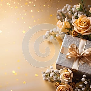 bokeh light and flower gift box background, AI generated